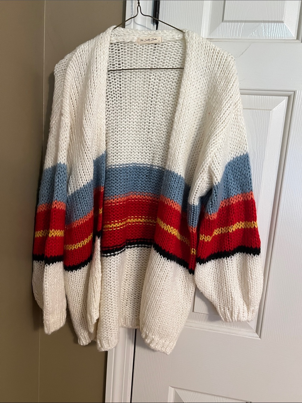 Open Knit Ivory Cardigan with Multicolor Stripe Detail